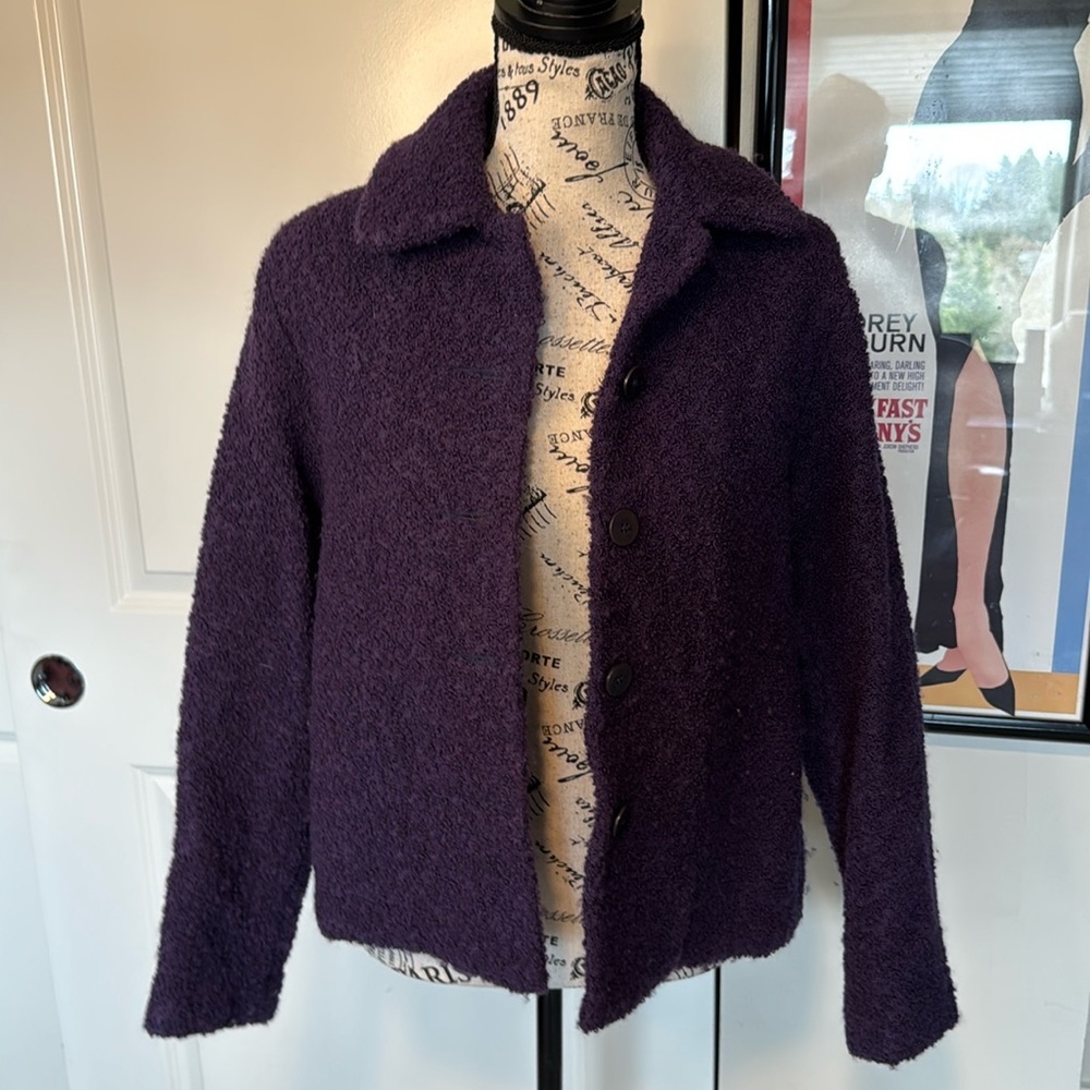 Eileen Fisher Purple Wool Collared Button Up Teddy Jacket Large